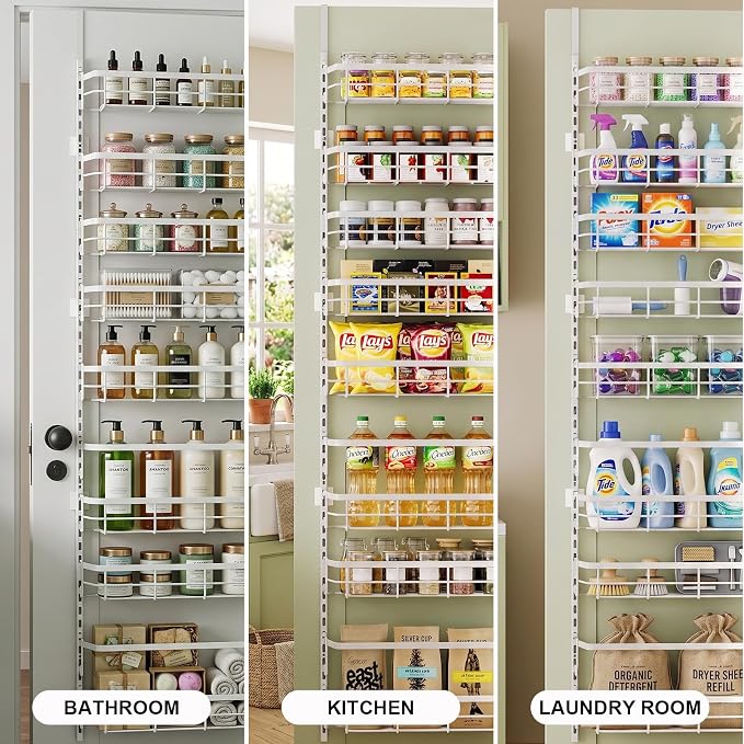 Apinol Over The Door Pantry Organizer, 8 Tier Adjustable Pantry Door Organization and Storage, Spice Rack with Hooks Mounted Shelves for Pantry Kitchen Essentials, White