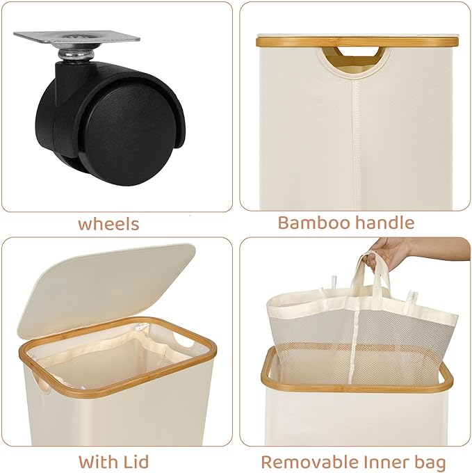 IEGrow Laundry Basket with Wheels 110L Laundry Basket with Mesh Bag,Pink | Laundry Hamper with Lid and Bamboo Frame, for Laundry Room, Bedroom, Dormitory Storage