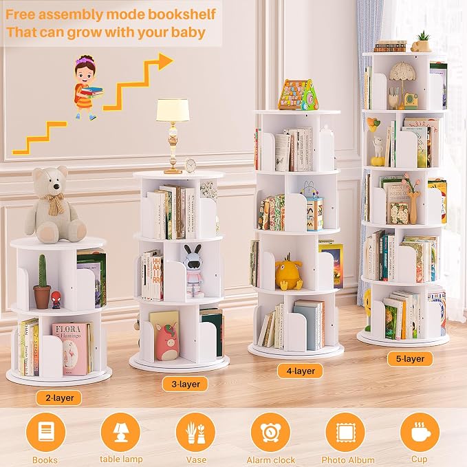 Aheaplus 5 Tier Rotating Bookshelf, Wood Spinning Bookshelf Tower, Round Revolving 360 Bookcase, Narrow Turning Book Shelf Rolling Corner Organizer for Small Space, Bedroom, Office, White