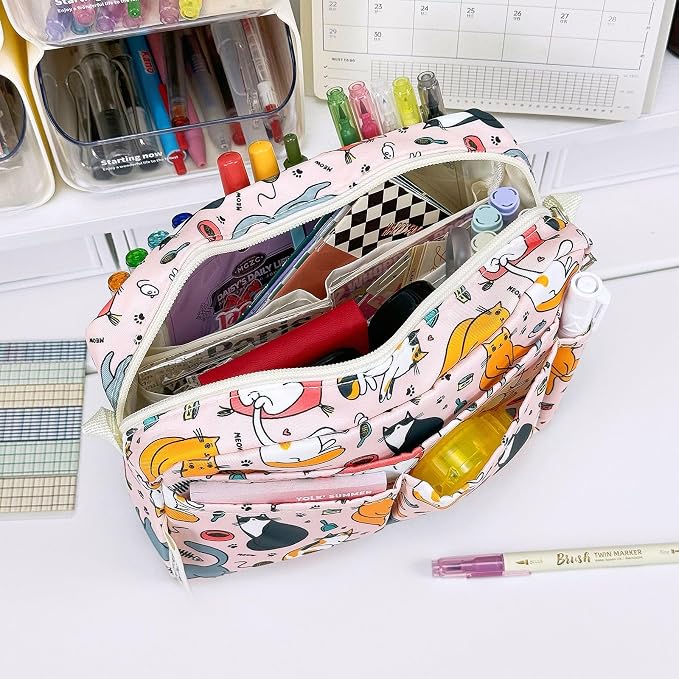 Multiple Pockets Portfolio Organizer with Zippered,Storage Pencil Pouch Bag | Waterproof Travel Toiletry Bag,Portable Pencil Pouch for Notebooks,Stationeries,Make-up,Journal Office Art Supplies,Pink Cat