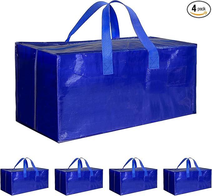 4 Pack Oversized Heavy Duty Moving Bags with Backpack Straps, Strong Handles & Zippers, Extra Large Storage Tote Moving Boxes for Space Saving, Blue