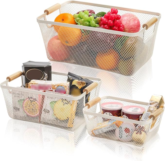 Noamus 3 Pack Metal Mesh Baskets with Wood Handle, Iron Storage Organizer Basket, Cream White Wire Countertop Baskets for Organizing, Cabinet Pantry Closet Bedroom Kitchen(3 Size)