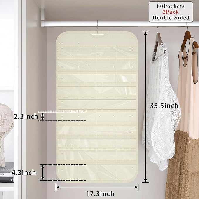 Hanging Jewelry Organizer 80-Pocket Double-Sided Storage, 2-Pack, Beige