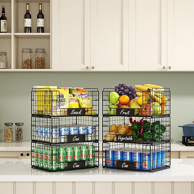 3 Pack XXL Stackable Wire Baskets with Handles & Name Plates | Pantry Organizers and Storage, Snack Organizer & Vegetable Basket & Metal Pantry Bin, Large Capacity, Durable and Sturdy