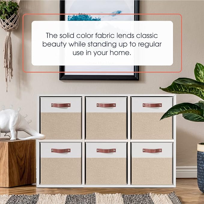 Ornavo Home 13x13 Foldable Fabric Storage Cube Bins, 6 Pack, White/Khaki | Collapsible Linen Shelf Basket Organizer; Leather Handles; Ideal Cube Storage For Closet