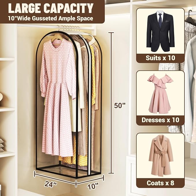 Garment Bags for Hanging Clothes 50” Long, Ultra Clear Suit Bags for Closet Storage, Moving Organization, Travel Covers with 10" Gussets for Coat, Dress, Shirt and Sweater - 2 PCS