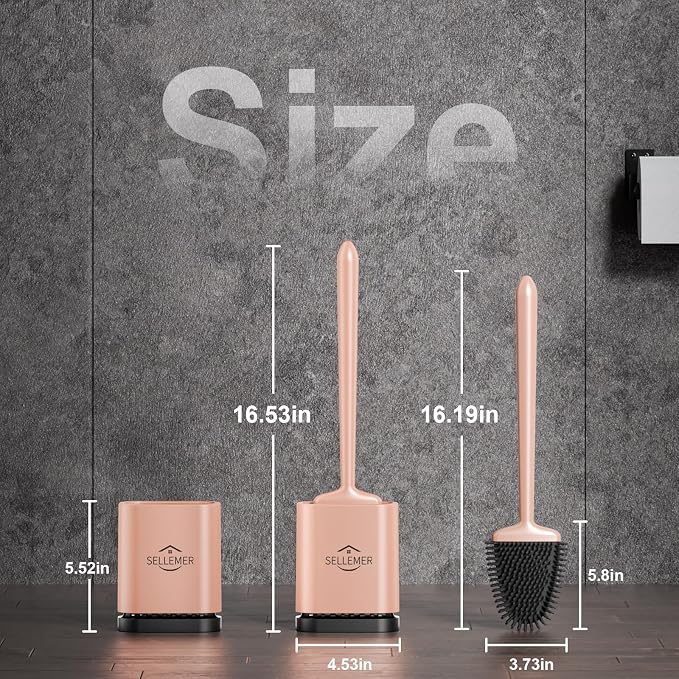Sellemer Silicone Toilet Brush, Ventilation Slots Holder 1 Pack, Rose Gold | Flexible Bristles Flat Head for Rim, Hair Tangle-Free, Easy to Clean, Compact Design, Rustproof Handle, for Toilet/Sink/Tub