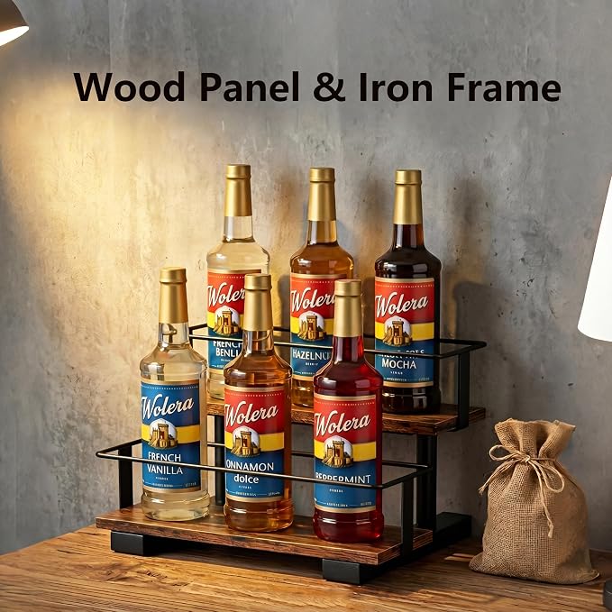 2-Tier Coffee Syrup Rack with High Rails, Holds 6 Bottles | Space-saving stepped shelf with wood & metal, high guardrail, liquor, spice jars & essential oils.