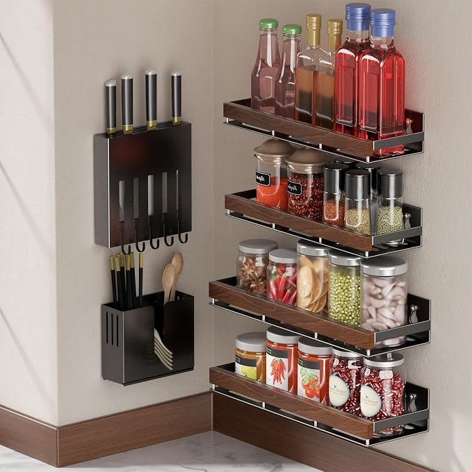 Walnut Magnetic Spice organizer for Refrigerator Wall Mount Spice Rack Magnetic Fridge Shelf Spice Jar Seasoning Organizer (Walnut 4 Pack)