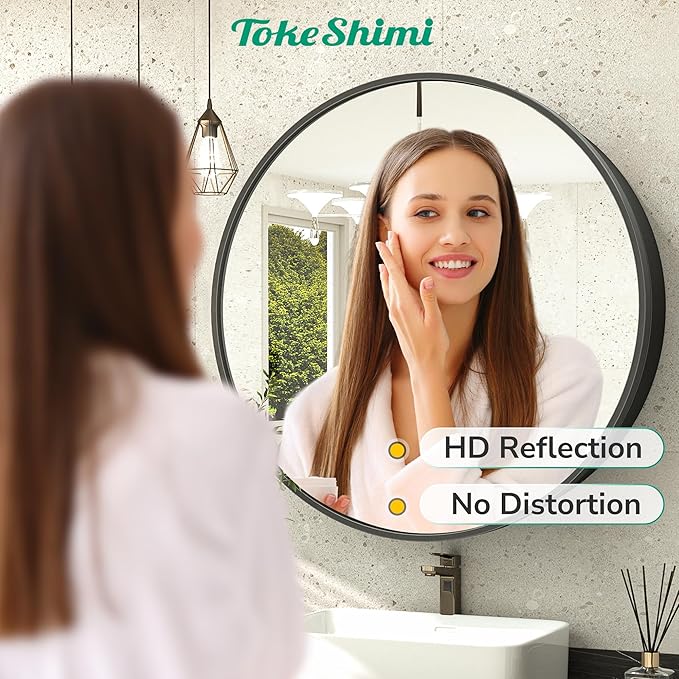 TokeShimi 20 x 20 Round Medicine Cabinet with Mirror, Black Circle Medicine Cabinet for Bathroom with Metal Frame, Detachable Shelves, Shatterproof, Surface Mount Only