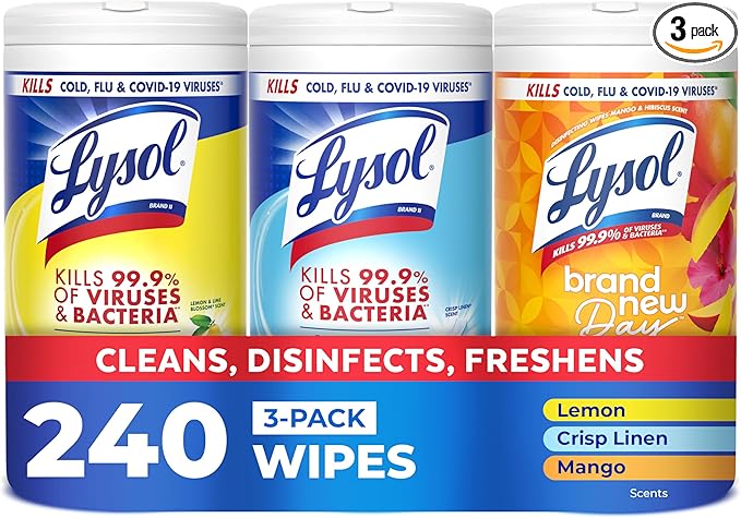 Lysol Disinfecting Wipes, Cleaner, Lemon + Linen + Mango, 80 ct. (3 Pack) | All Purpose Cleaner, Sanitizing, Deodorizing, Apartment Essentials, Back To School Cleaning Supplies, Kitchen & Bathroom Wipe