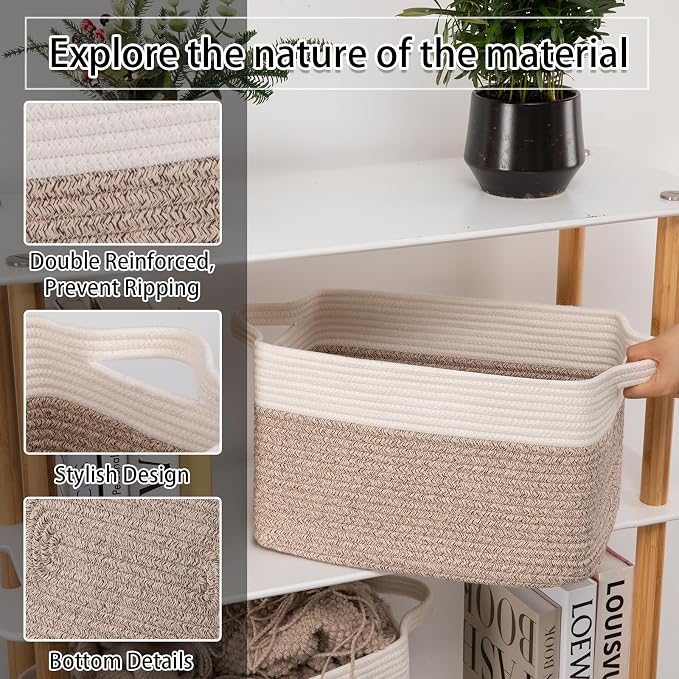 OIAHOMY 3 Pack Storage Baskets for Organizing, 13''X9.85''X8.7'' Storage Bins,Woven Basket with Handles, Toy Storage Bin,Stylish Room Decor Basket, white & Brown variegated