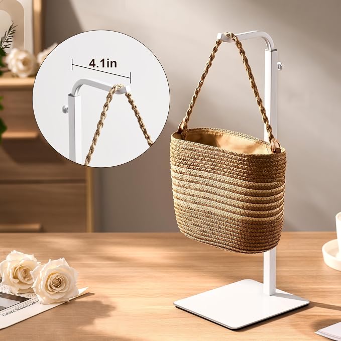 Purse Display Stand, Height-Adjustable Tabletop Handbag Holder, Multi-Use Display Rack and Banner Stand for Happy Birthday Banners, Lanterns and Wreaths, for Home, Retail and Party Use, White