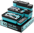 Tool Box Organizer Tray, 60 PCS & 5 Sizes, Black and Sky Blue | Sturdy ABS Plastic, Interlocking System, Craftsman Tool Desk Drawer Organizer for Storing Wrench Screwdrivers Hammer Nails