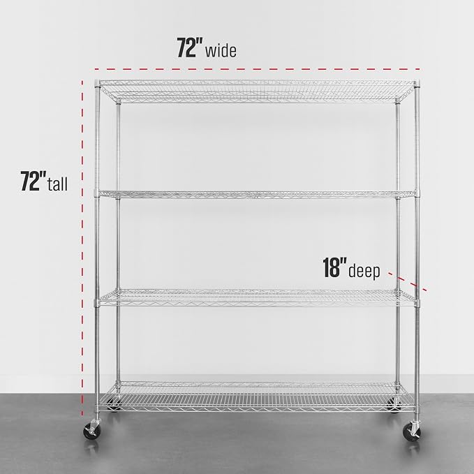 SafeRacks NSF 4-Tier Heavy Duty Steel Wire Rack w/Wheels (18"x72"x72")