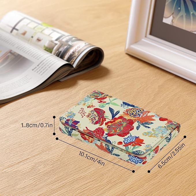 Business Card Holder，PU Leather Business Card Case Color Printing Pattern Card Holder Wallet，Pockets Magnetic Credit Card Holders for Men and Women - Purple Flowers
