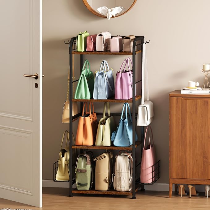 koozuuyk 4-Tier Purse Organizer for Closet with 3 Side Hooks and 2 Baskets, High Capacity Purse Rack Stand for Purse Storage, Metal & Wood Handbag Holder for Handbag Organizer, Patent Pending