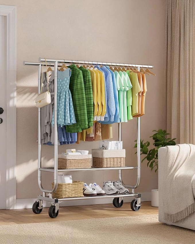 Sakugi Double-Rod Garment Rack 2-Tier 42.5x16.9x65.2 Silver with Wheels | Bedroom, Closet, Laundry Room, Heavy Duty, Stainless Steel