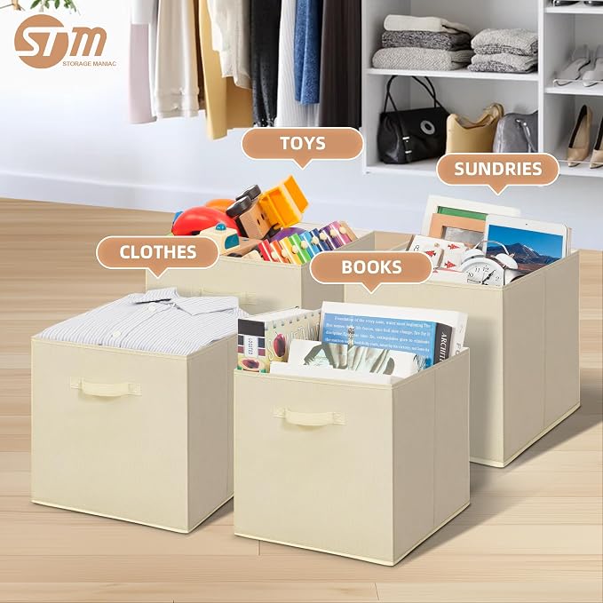 STORAGE MANIAC Storage Cubes, 13 Inch Collapsible Storage Bins with Handles, 6 Pack Fabric Foldable Bins for Organization, Durable Storage Bins for Closet, Shelves, Offices, 6-Pack Beige