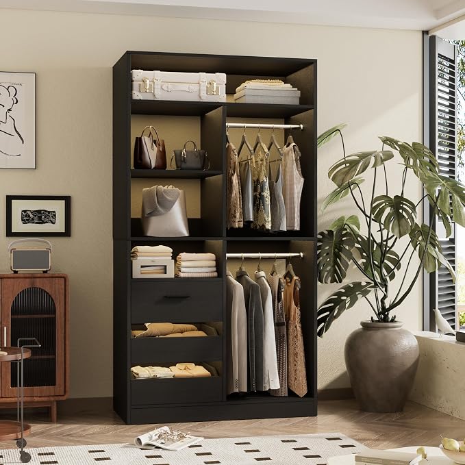 36 Inches Modular Closet Drawers System, 3FT Wood Closet Organiser with Closed & Half-Open Drawers, Walk-in Freestanding Wardrobe Storage Cabinet with 6 Shelves, Black (36"L x 15" W x 80" H)
