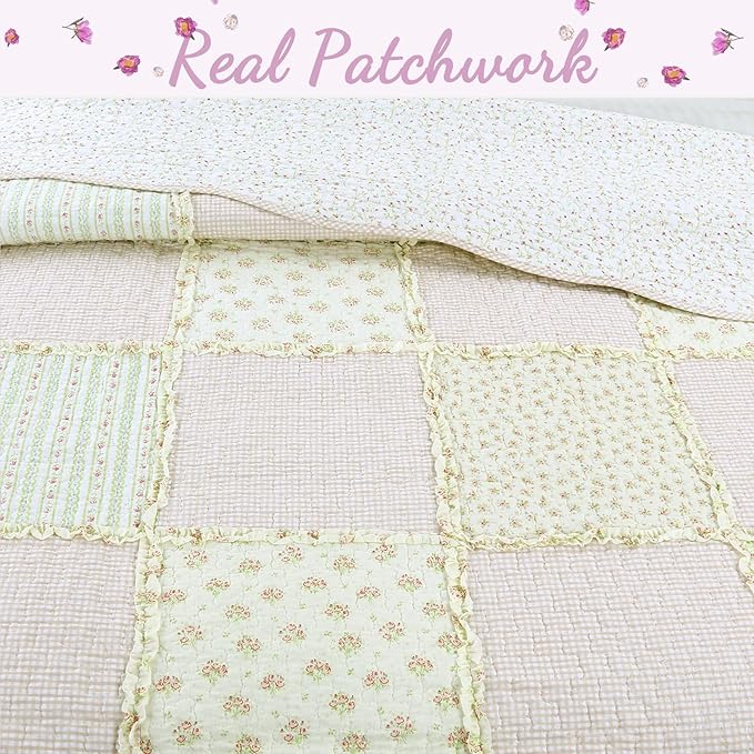Cozy Line Home Fashions Floral Light Pink True Patchwork 100% Cotton Girl Quilt Bedding Set, Reversible Coverlet Bedspread (Sweet Peach, Queen - 3 Piece)