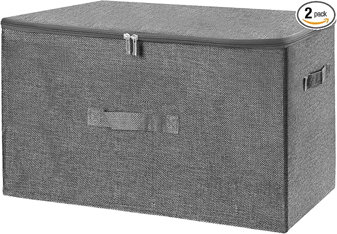 ANMINY 2PCS Storage Bins with Zipper Lids 51.9 Qt Lidded Fabric Storage Boxes Baskets Cubes with Handles Collapsible Washable Cotton Linen Closet Shelf Clothes Organizer - Gray, Extra Large