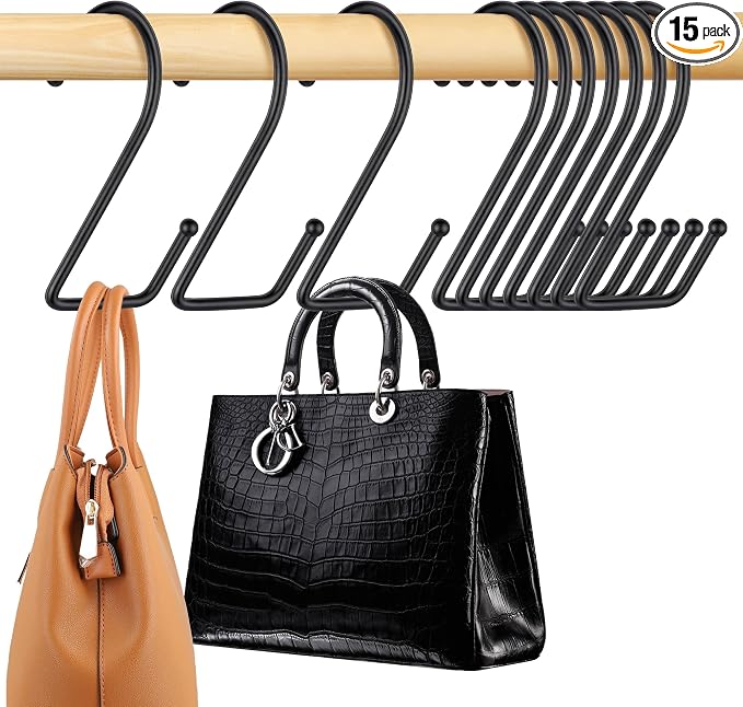 15 Pack Purse Hanger for Closet, Super Sturdy Purse Hooks, Hanging Backpack Bag Holder, Closet Organizers and Storage, Black