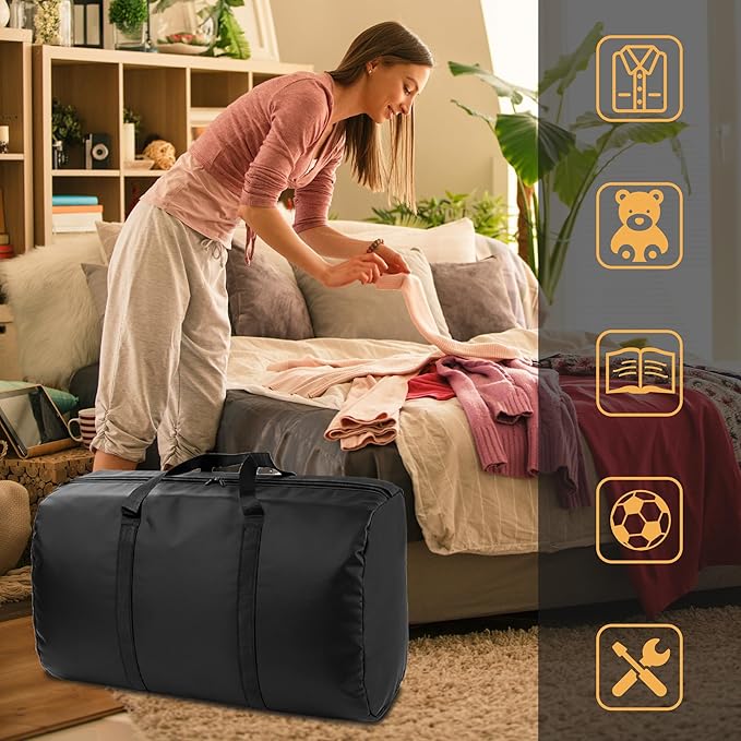 2 Pack 96L Extra Large Moving Bags with Zippers & Carrying Handles for Storage, Packing, Traveling, Camping, Langdry, Big Heavy Duty Moving Totes Bags for Clothes, Supplies and Space Saving Black