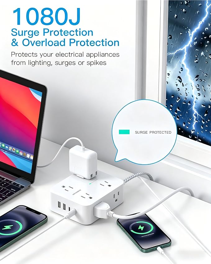 HANYCONY 10 Ft Braided Extension Cord with Ultra-Thin Flat Plug, 8-Outlet | 1080J Surge Protector Power Strip with 4 USB Ports (2 USB C), Ideal Wall Mount Charging Station for Home Office and Dorm
