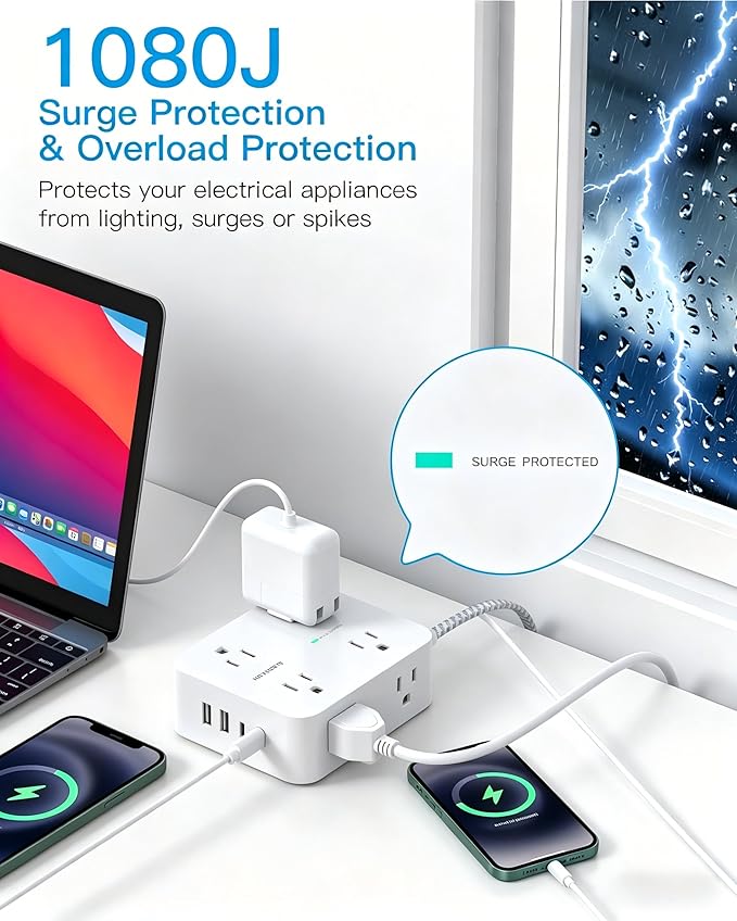 HANYCONY Ultra-Thin Flat Plug Extension Cord, 8-Outlet Surge Protector 5Ft | 1080J Multi Plug Power Strip with 4 USB C, Widely Spaced Outlets Braided Extension Cable, Desktop Charging Station for Dorm