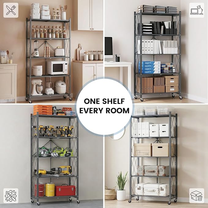 ALANNG 70.7" H Metal Storage Shelves, 5 Tier Folding Shelf on Wheels | Heavy Duty, No Assembly, Rolling, Collapsible Rack Unit for Kitchen, Basement, Pantry (Gray,4 Pack)