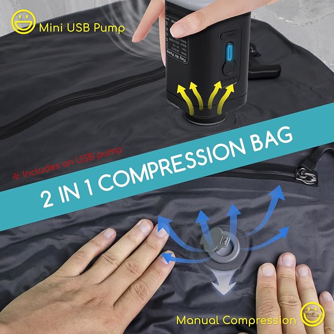 Vacuum Bags for Travel with Pump, 2 Pack TPU Reusable Vacuum Compression Bags for Travel with Waterproof Zipper, Space Saver Bag for Suitcase, Backpack, Black