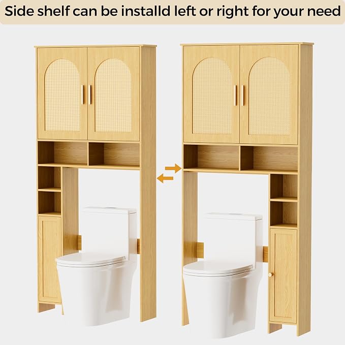 Homhedy Wooden Over The Toilet Storage Cabinet, Natural | Bathroom Organizer with Rattan Decorated Doors, Adjustable Shelves, Toilet Paper Holder, for Small Spaces