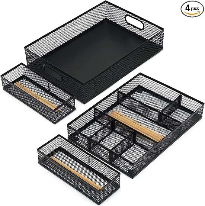 Neudeco Desk Drawer Organizer, 4 Pack Metal Mesh, Black | Adjustable Dividers, Stackable, Pen Organizer, Office Supplies Organizer