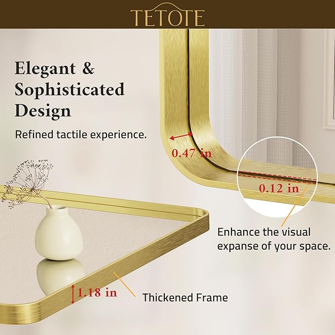 TETOTE 55 x 36 Inch Bathroom Mirror, Brushed Brass Gold Vanity Mirror, Modern Rectangle Metal Frame Decorative Wall Mirror for Entryway Shatterproof (Horizontal/Vertical)