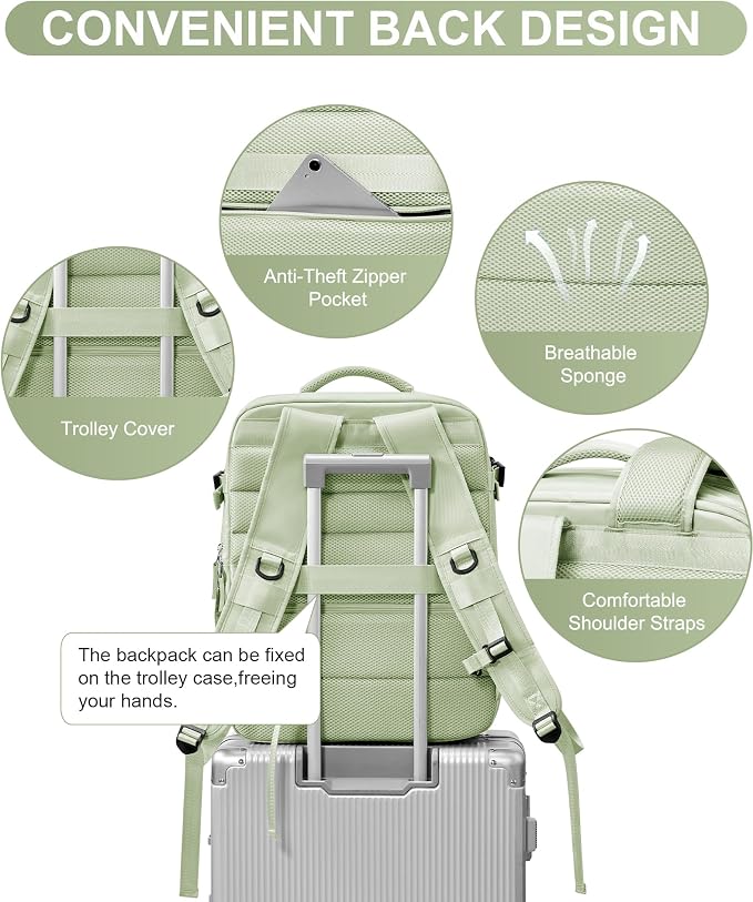Travel Backpack Women,Carry On Backpack Flight Approved 18x14x8 inches Bag Spirit Airlines Personal ltem,College Sports Hiking Rucksack Waterproof Outdoor Casual Daypack Laptop Blackpack,MintGreen