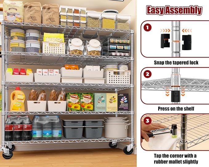 PrimeZone 5 Tier 48" Wx24''Dx81''H Wire Shelving with Wheels 3000lbs NSF Certified Storage Shelves Heavy Duty Metal Shelf Adjustable Rolling Rack Commercial Garage Restaurant Warehouse Chrome 4Pack