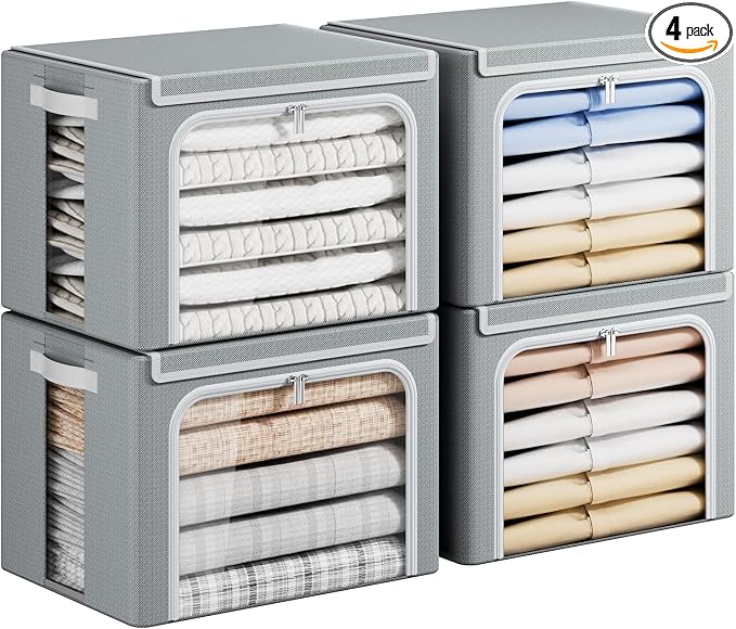 Yecaye Clothes Storage Bins with Metal Frame, Foldable Clothing Storage Bin with Lid, Stackable Oxford Fabric Organizer Box With Clear Window & Zippers & PU Leather Handles (4 Pack,Grey,40L)