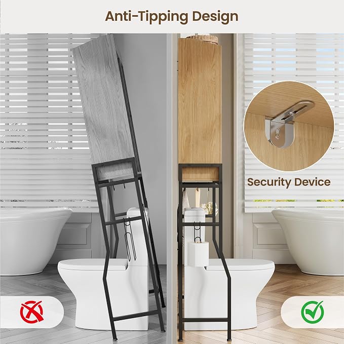 Memobarco Over The Toilet Storage Cabinet with 2-Door & Metal Stand, Wood | Toilet Paper Holder, 3 Extra Hooks, Anti-Tipping Device, With Adjustable Shelves, for Bathroom, Restroom, Laundry