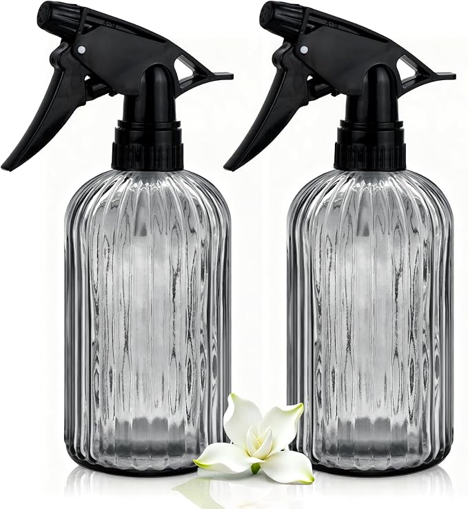 Glass Handheld Spray Bottle, 13.5oz Refillable Plant Mister Bottle 2 Pack, Water Spray Bottle with Adjustable Mist Nozzle for Outdoor Gardening, Indoor Flowers, Cleaning, Hair & Pets Care (Grey)