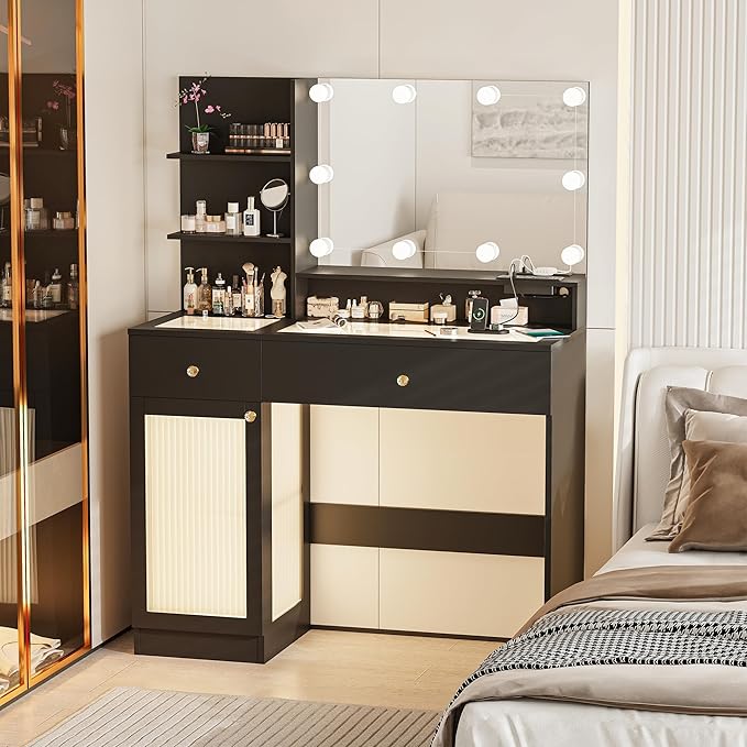 INNOD 40" Vanity Desk with Large Mirror and Lights, Modern Glass Top Makeup Vanity Set with Power Outlet, Drawers and Cabinet, 3 Lighting Color Adjustable Dressing Table for Bedroom, Black