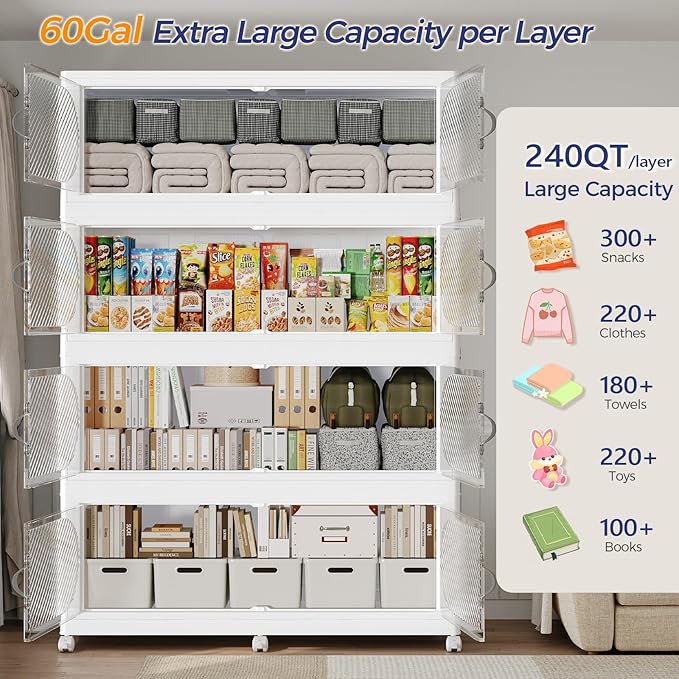 300Gal/1200QT 5-Tiers Extra Large Stackable Storage Bins with Lid, Collapsible Cabinet Closet Organizer Plastic Container Box with Wheels Doors Drawers for Living Room Kitchen Office, White