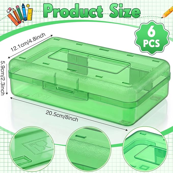 Blulu 6 Pack Large Plastic Pencil Case Box Clear Pencil Boxes Bulk Hard Crayon Box Storage with Snap Lids 8.1 x 4.7 x 2.2 Inch Painting Organizer Classroom Stationery School Supplies (Green)