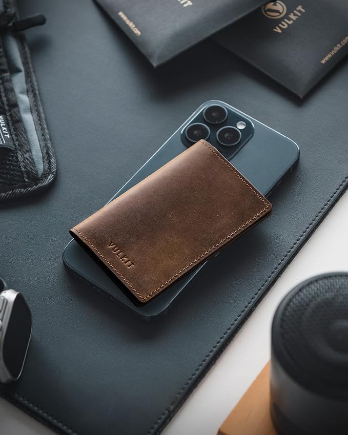 VULKIT Genuine Leather Business Card Holder 2 Sided Slim Business Name Card Organizer for Men or Women, up to Hold 20 cards (Genuine Dark Brown)