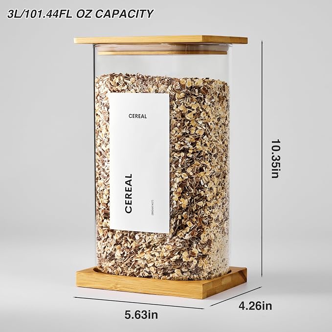 Glass Storage Jars with Bamboo Lids, 100oz Square Food Storage Containers for Kitchen Pantry Organization, Storage Canisters with Labels for Cereal Flour Beans Tea, Large Spice jars Seasoning Bottles