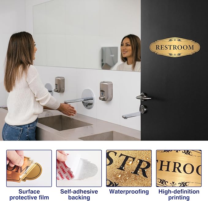 Restroom Sign Sticker for Business & Home, Self-Adhesive Brushed Gold | Elegant Bathroom Signs for Door, Durable & Waterproof Unisex Restroom Signage for House Toilet, Office, Store, Shop