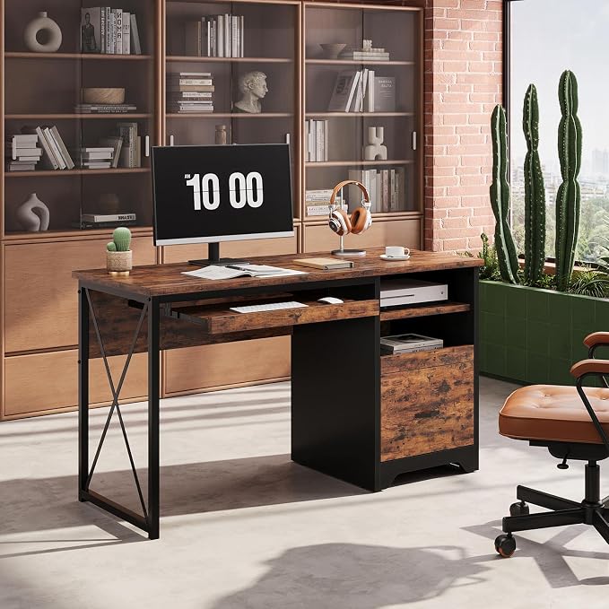 Bestier 47" Computer Desk with Drawers, Home Office Desk with Keyboard Tray, Reversible Industrial Office Desk with Storage Cabinet for Small Space Home Office & Studio, Rustic Brown | Storage Drawer, File Drawer Letter/Legal, Keyboard Tray, Cable Mana...