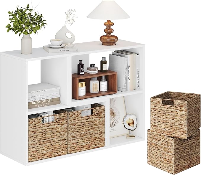 MapleGrace 6 Cube Storage Organizer, Wooden Storage Shelves Bookcase with Back Panels, Stackable Display Bookshelf Includes 2 Wicker Baskets for Living Room, Bedroom, Study, Hallway, White