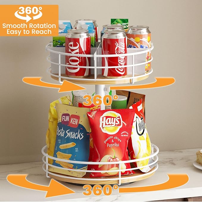 Snack Organizer 2 Tier Lazy Susan Storage Holder, White | Adjustable Height, 360° Rotation, For Countertop Office Home Breakroom