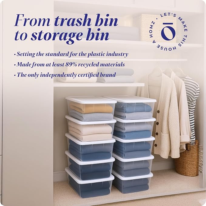 HOMZ 10-Pack Snaplock, Small Clear Plastic Storage Organizer Bins w/ Lids, 6 Quart, White - Stackable Container Boxes for Bedroom, Bathroom, Garage, and Office Organization
